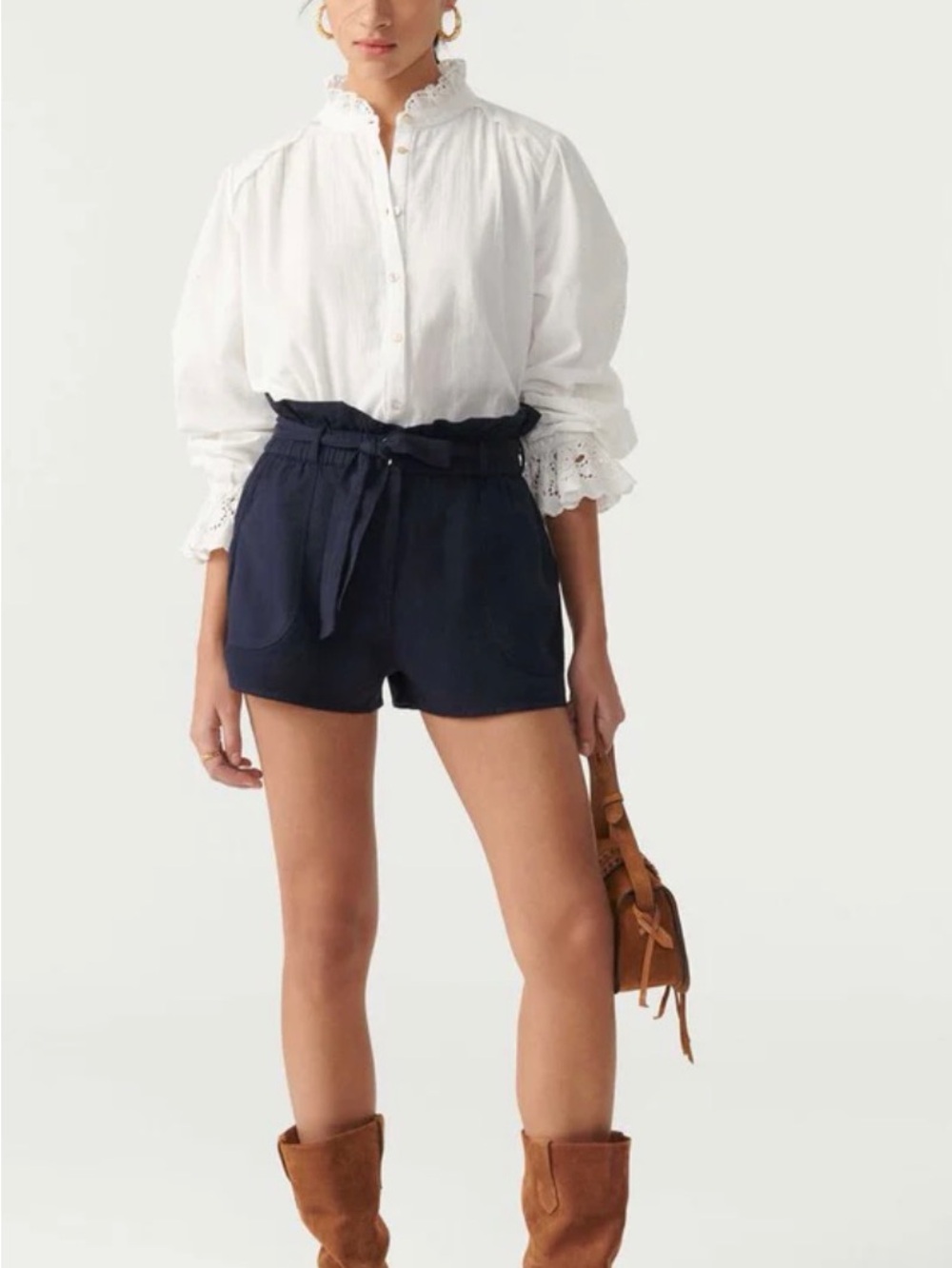 ba&sh Navy High-Waist Paperbag Shorts with Self-Tie